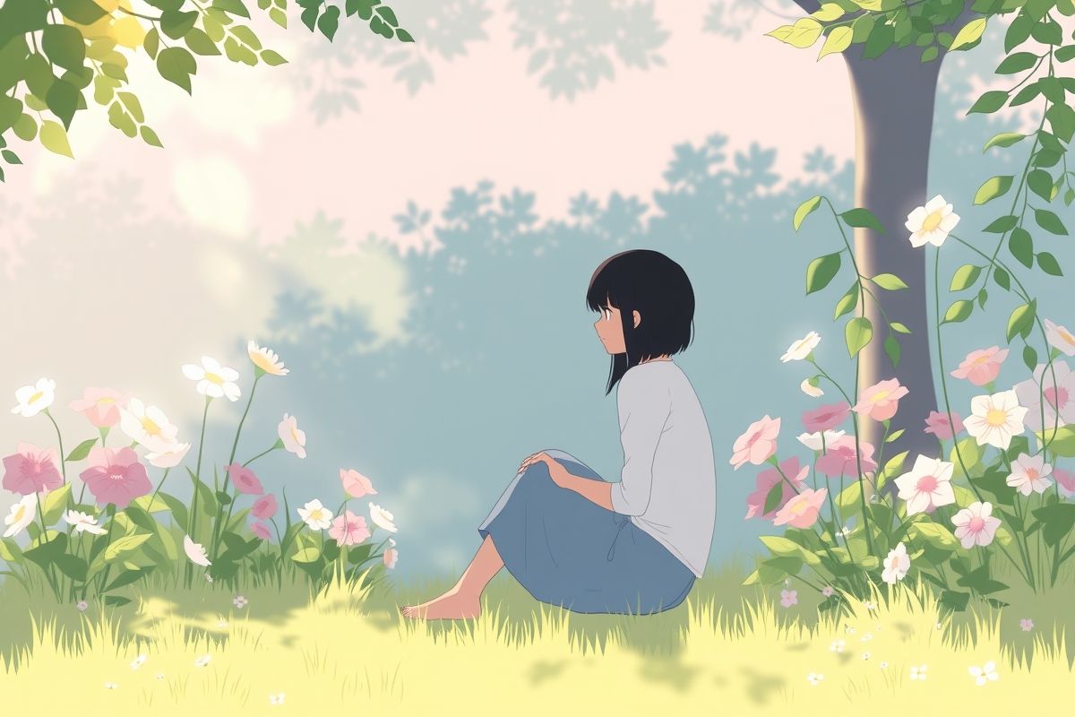 Studio Ghibli style HSP garden meditation