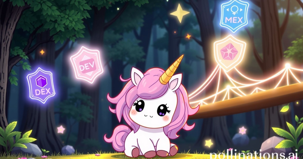 Cute Ghibli style baby unicorn with DEX technology elements