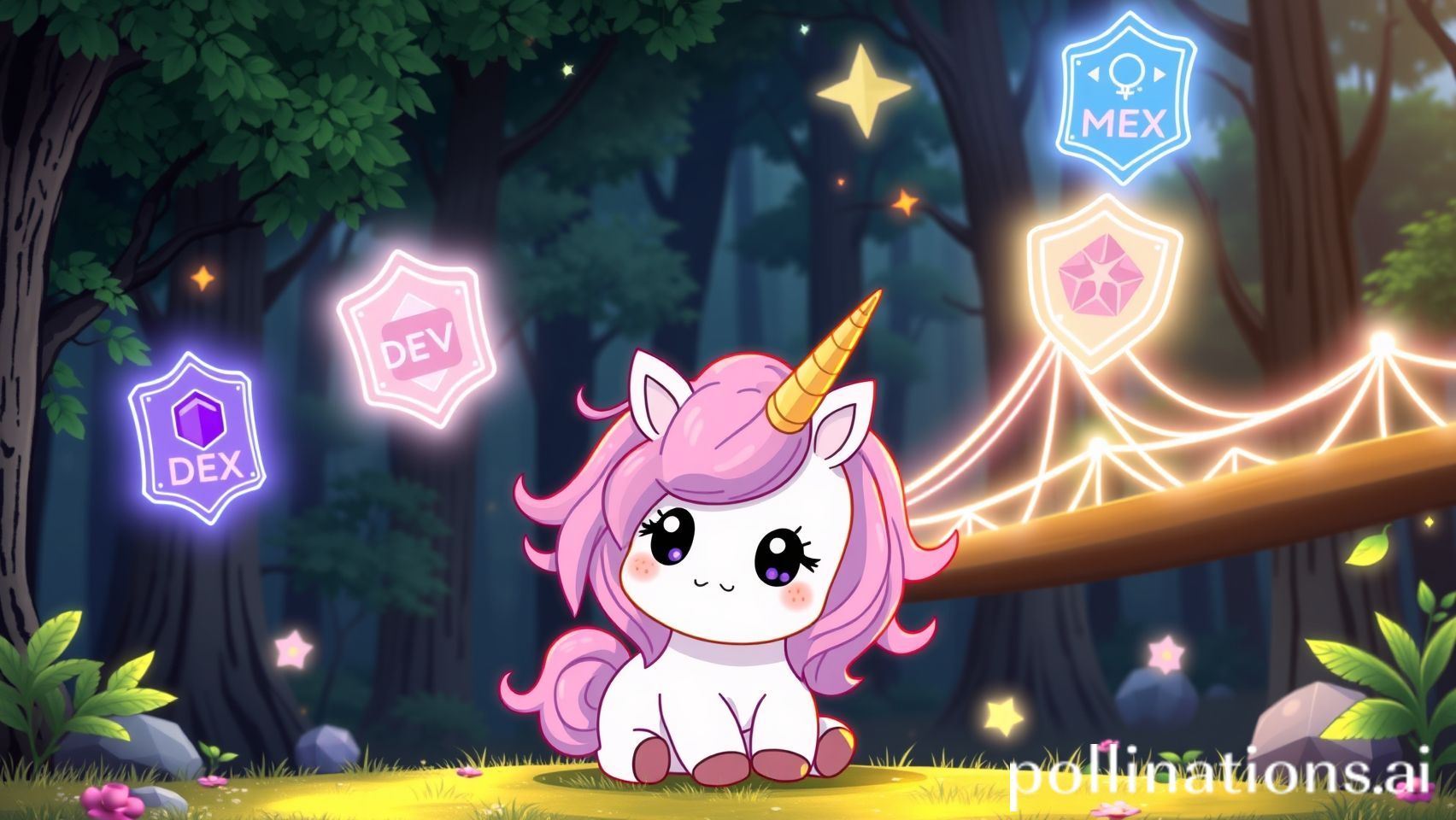Cute Ghibli style baby unicorn with DEX technology elements