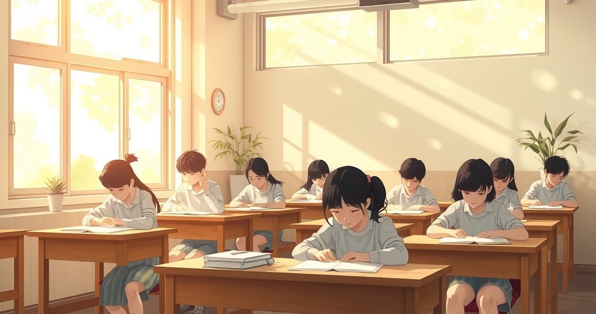 한국 학생들이 교실에서 시험보는 모습