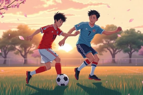 손흥민과 이강인이 함께 축구하는 지브리 스타일 일러스트