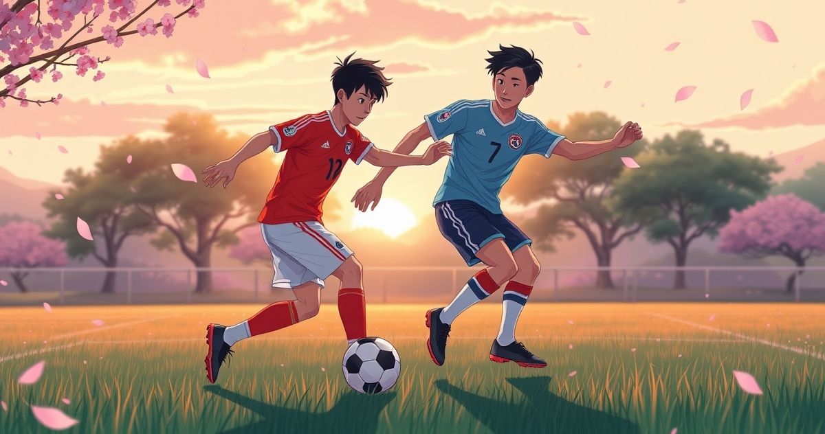 손흥민과 이강인이 함께 축구하는 지브리 스타일 일러스트