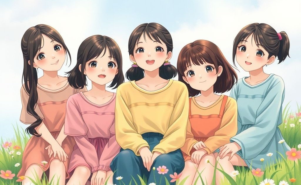 뉴진스 멤버들의 지브리 스타일 애니메이션 일러스트, K-pop 걸그룹