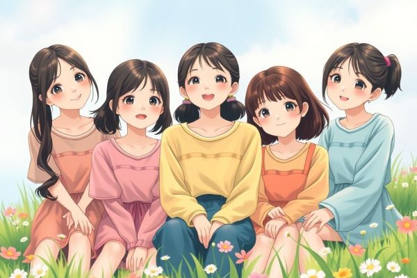 뉴진스 멤버들의 지브리 스타일 애니메이션 일러스트, K-pop 걸그룹
