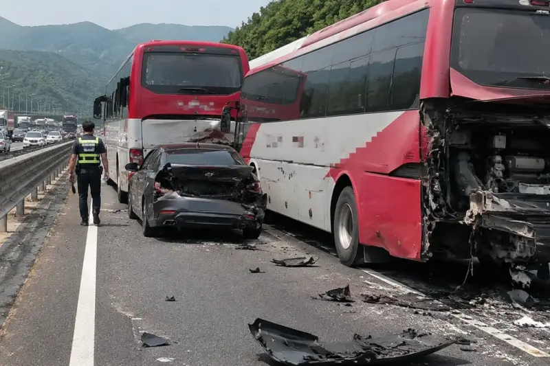 경부고속도로 죽전휴게소 부근 3중 추돌…버스 2대·승용차 1대, 5명 경상