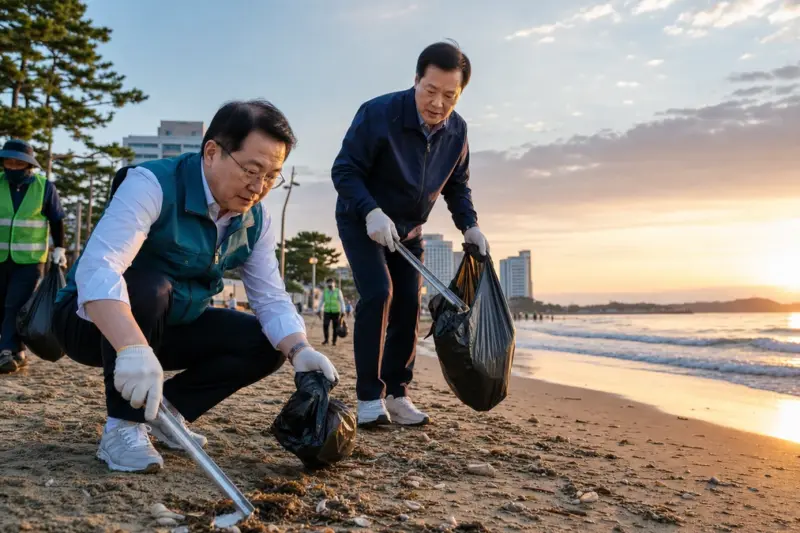 김중남 강릉시장·허병관 의장, 경포해수욕장 개장일 쓰레기 수거 참여